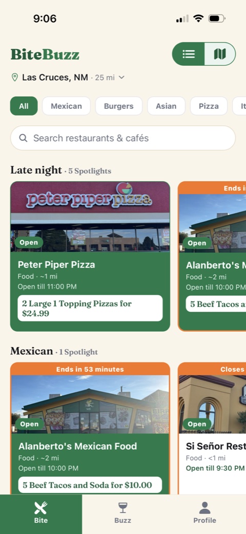 BiteBuzz feed showing nearby restaurant specials